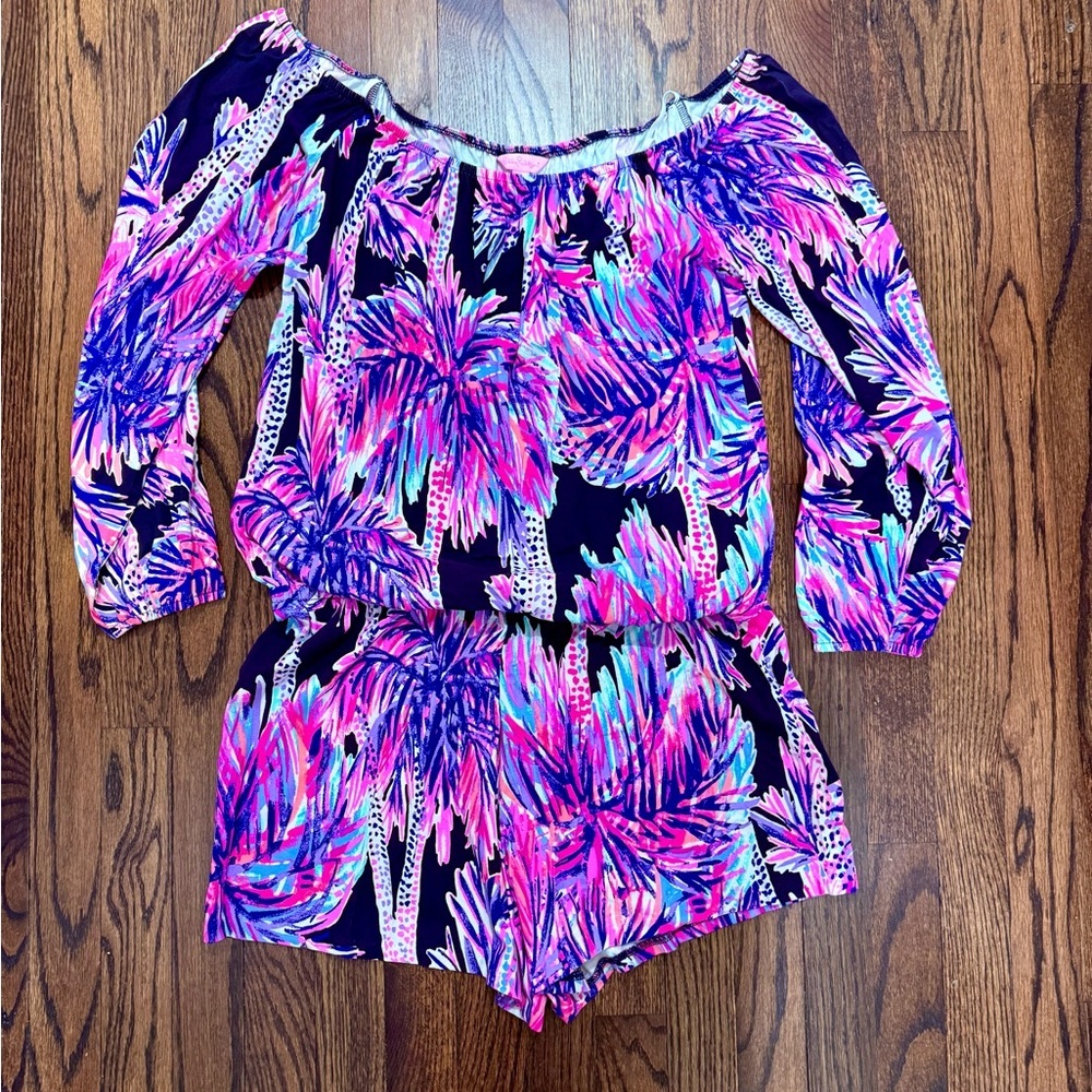 LILLY PULITZER Lana off shoulder romper in  Bright Navy Palms